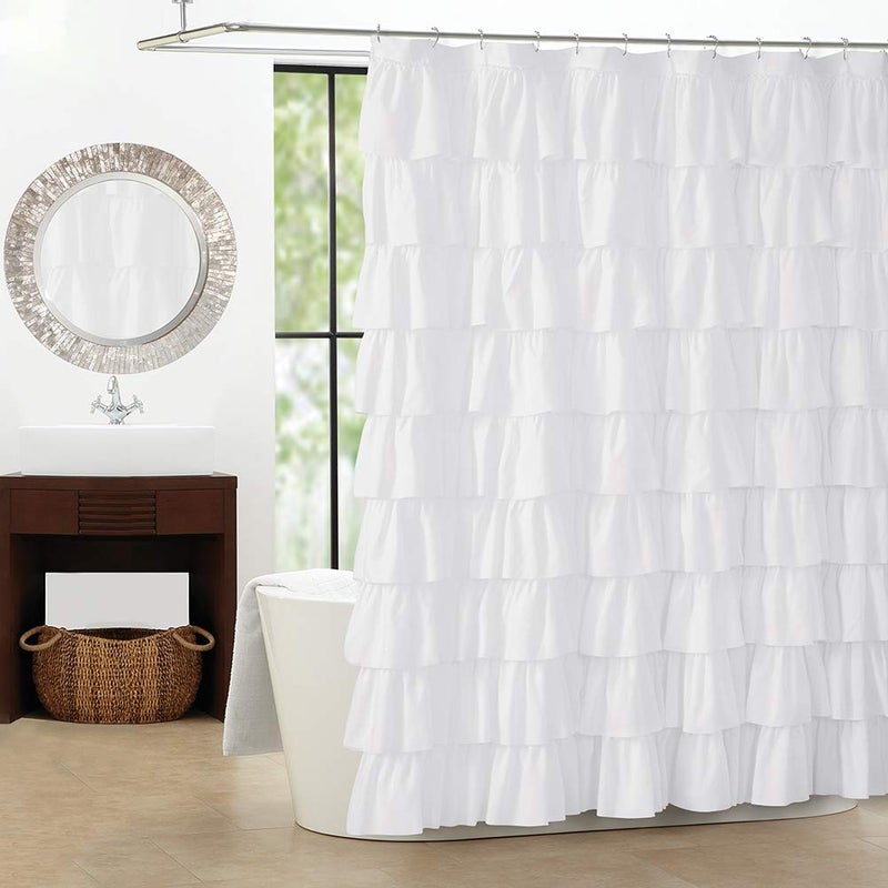WestWeir White Ruffle Shower Curtain - Farmhouse Cloth Bathroom 72 x 72 Inches Texture Fashion, Double Layer Fabric, not See Through. - Image 1
